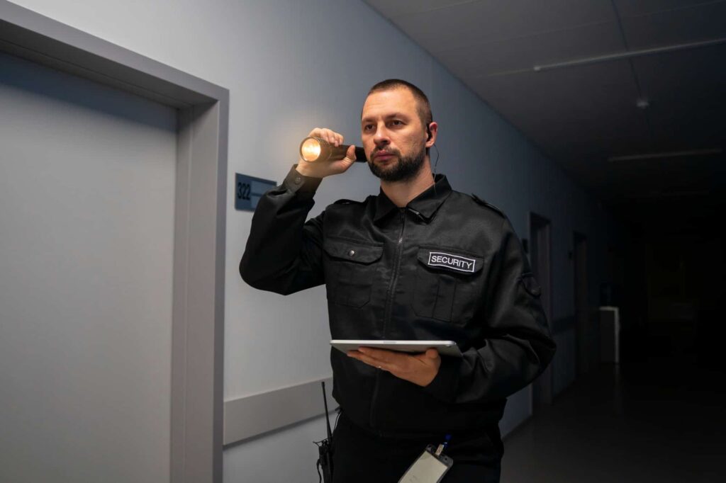 Sicherheitsmitarbeiter mit Taschenlampe und Tablet bei Kontrollgang – Sicherheitsdienst Heilbronn im Nachtdienst.